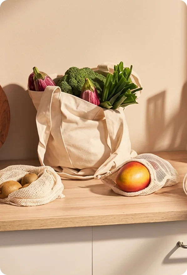 Tote bag full of fresh vegetables with mesh produce bags on wooden counter